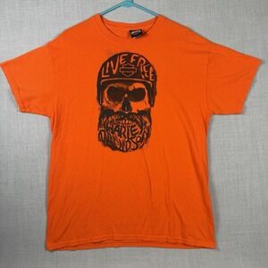 Harley Davidson Shirt Men's Large Orange Skull Tiger Mid America Motorcycle MO